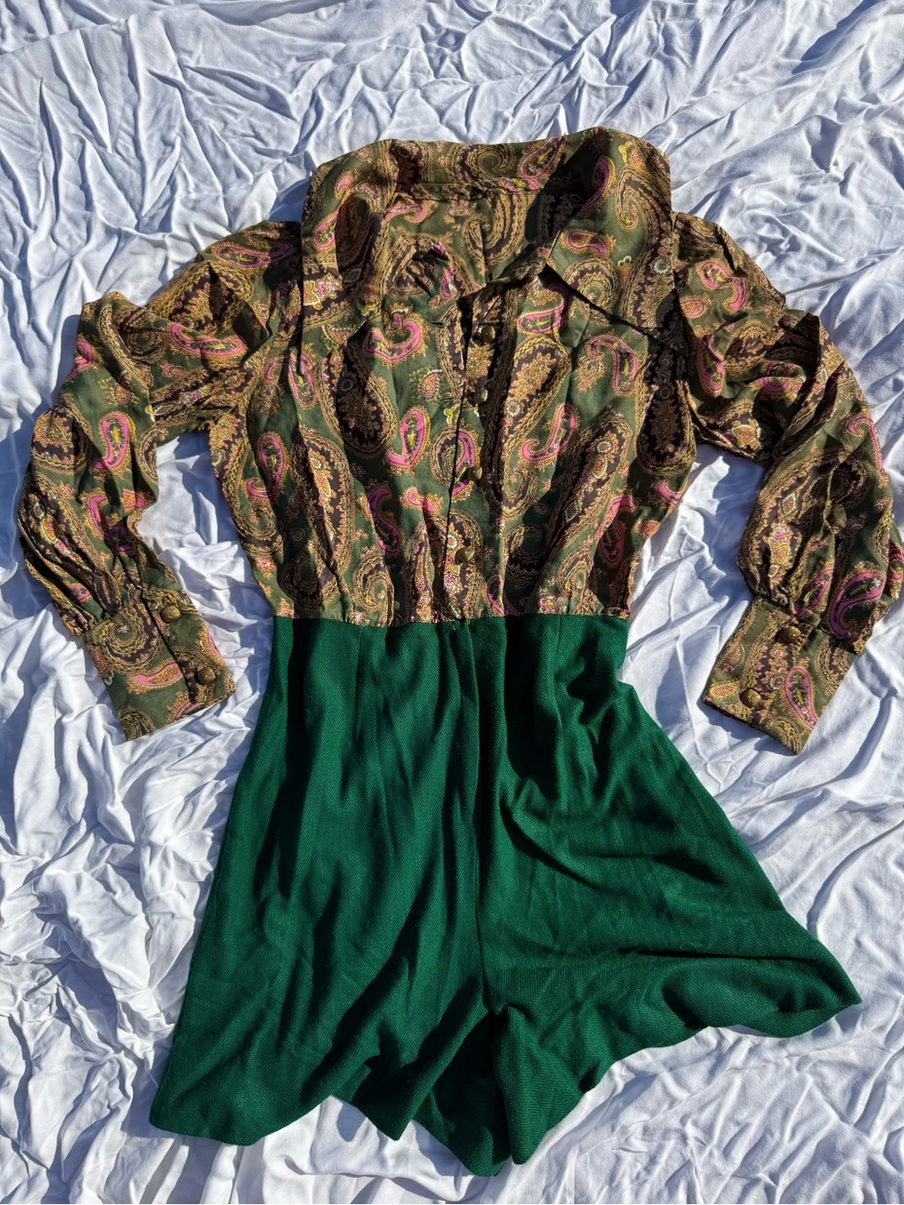 70’s Vintage Green and Paisley Romper With Gold Buttons